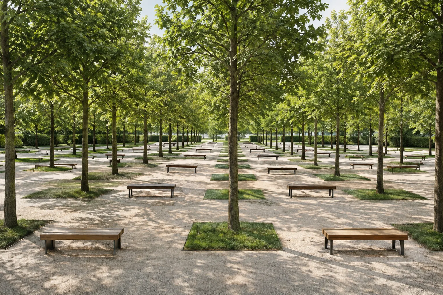 Scène de parc architectural peuplée de rangées répétitives d'arbres et de bancs