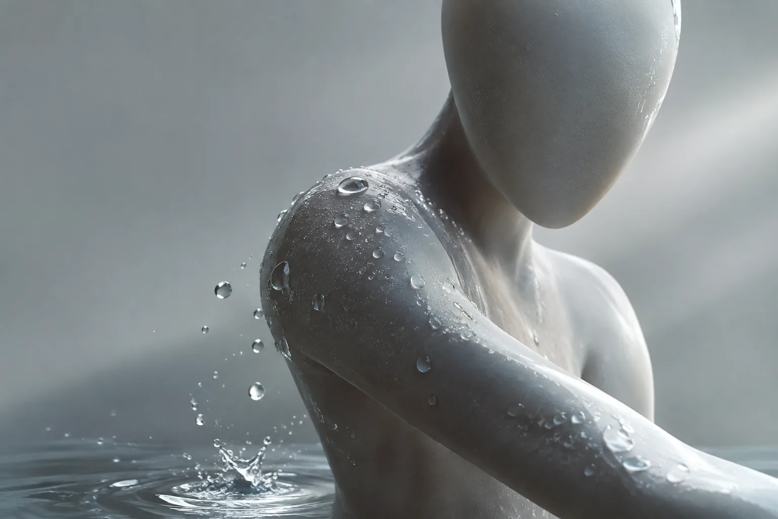 صورة 3D واقعية للمياه الملتصقة بذراع شخصية متحركة والمتقطرة إلى أسفل