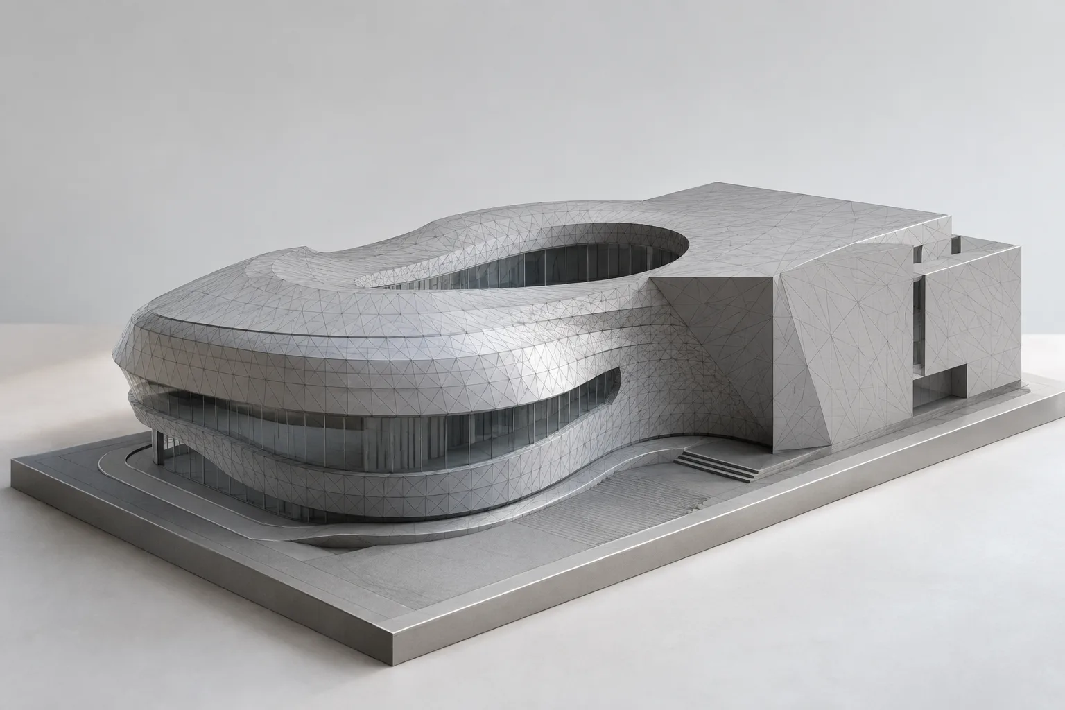 Trianguliertes Architekturmodell mit erhaltenen gekrümmten Oberflächen und scharfen Kanten