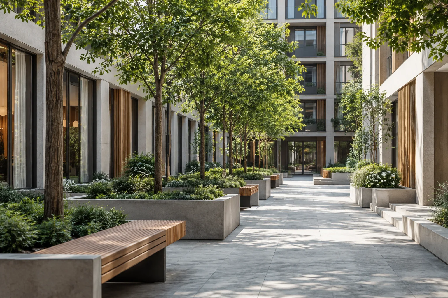 A contemporary architectural courtyard visualization with repeated trees and furniture