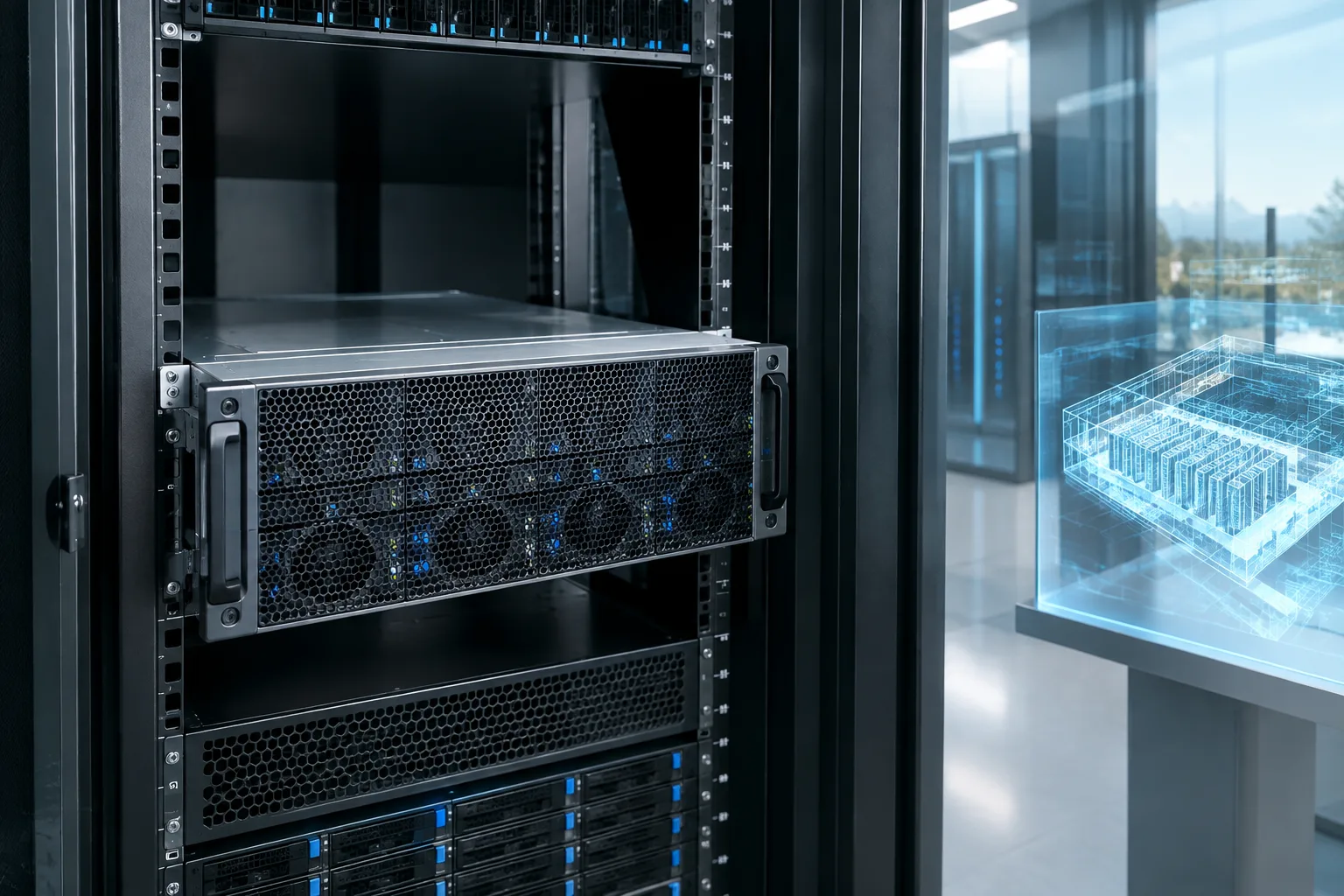 GPU server in a modern data center rack with a digital twin visualization