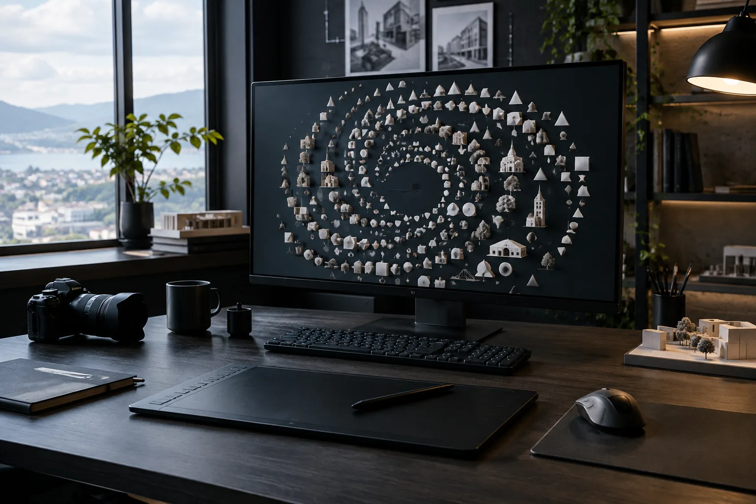 A composition scene with repeated geometric elements in an architectural visualization studio