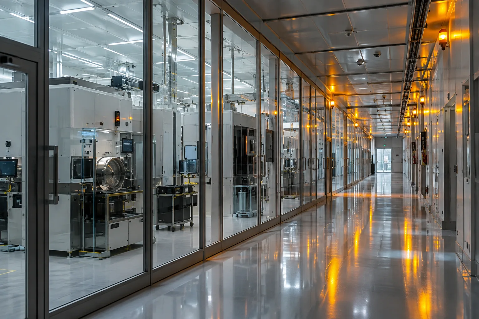 Une usine moderne de semi-conducteurs avec des équipements de production visibles dans un couloir de salle blanche