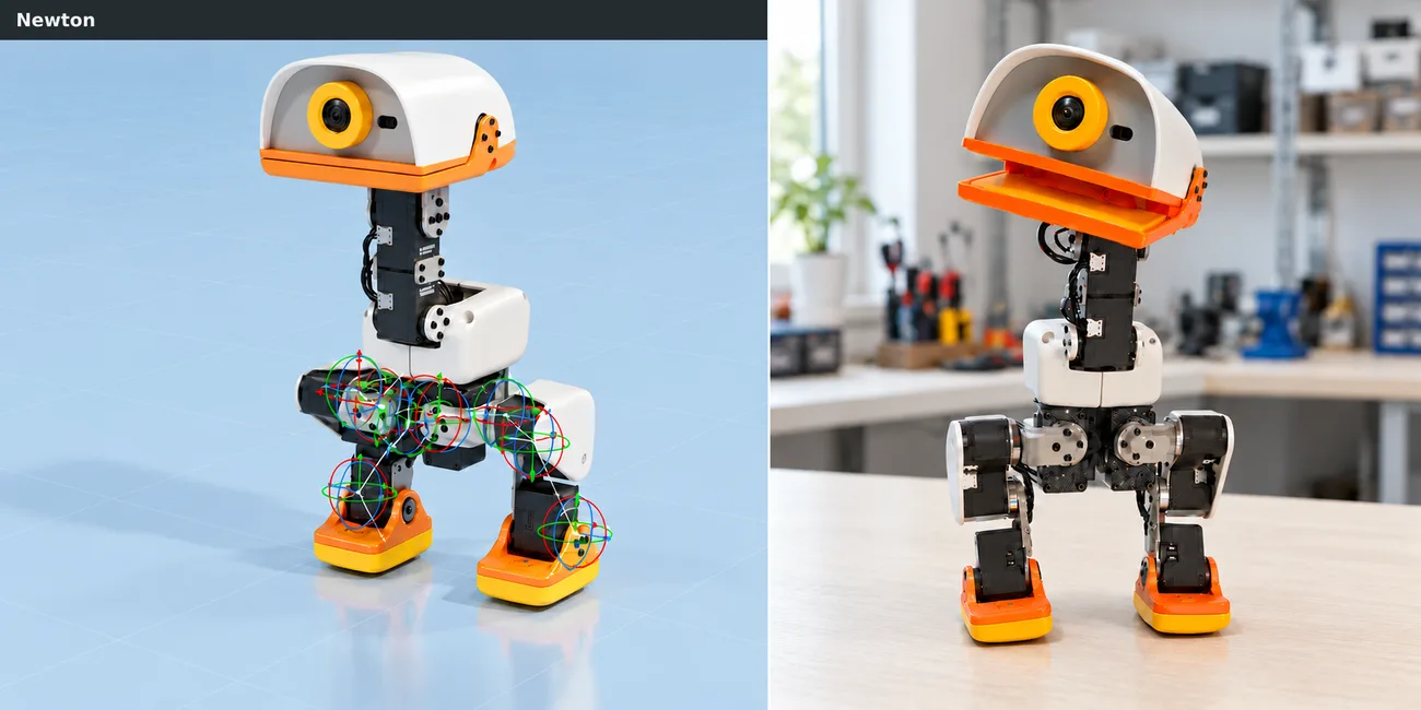 Ein kleiner Forschungsroboter läuft über einen Boden, der den Übergang von der Simulation in die reale Welt symbolisiert
