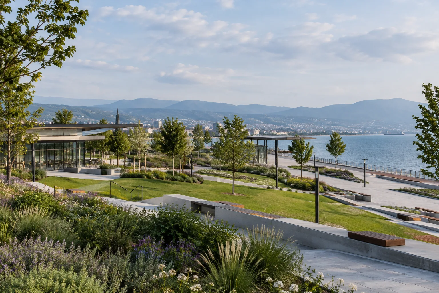 İzmit’te kent dokusu ile kıyı ve doğal peyzajı bir araya getiren kamusal park görünümü