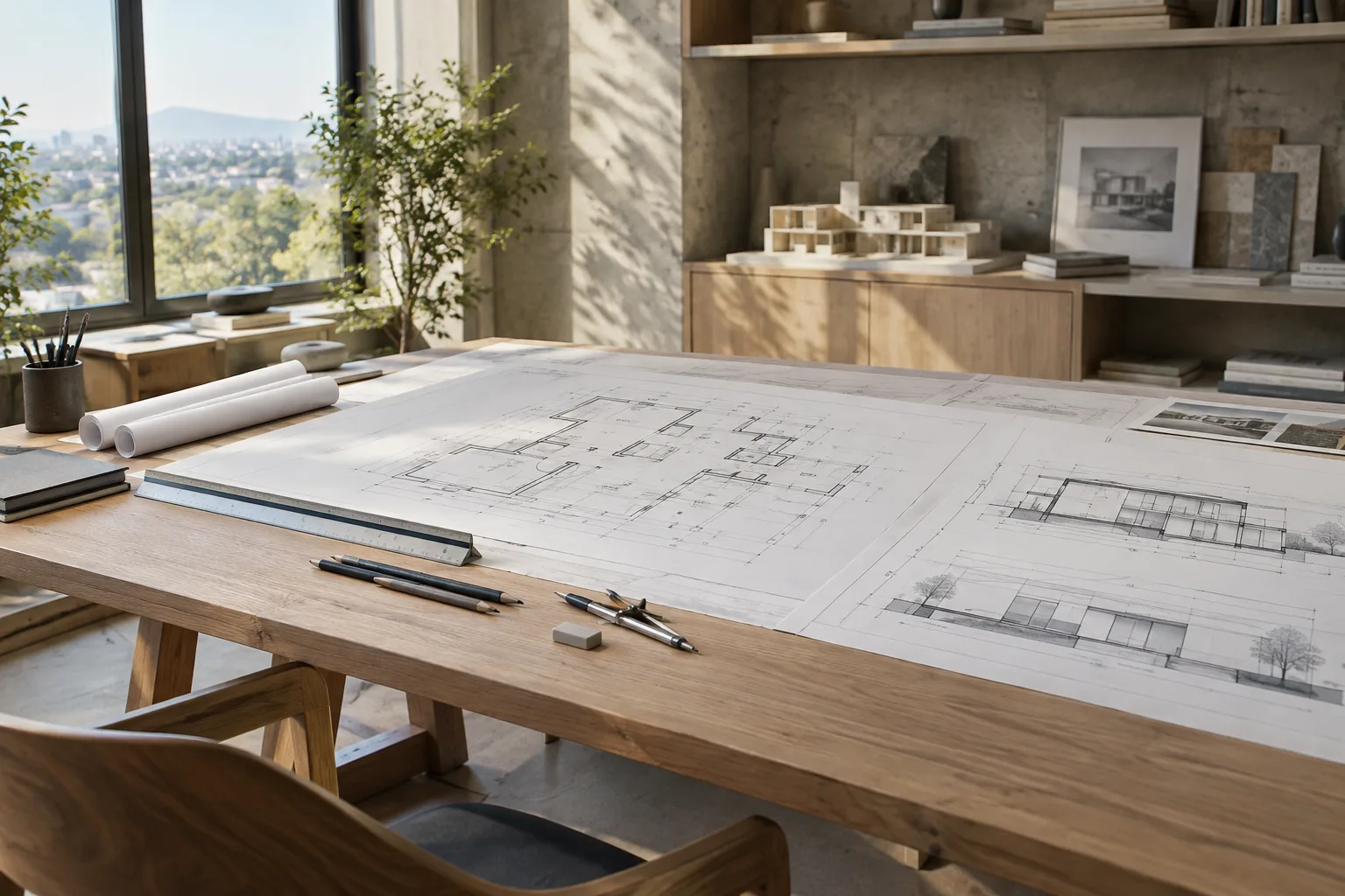 طاولة في استوديو تصميم مضاء تعرض لوحات للمخططات والقطاعات المعمارية