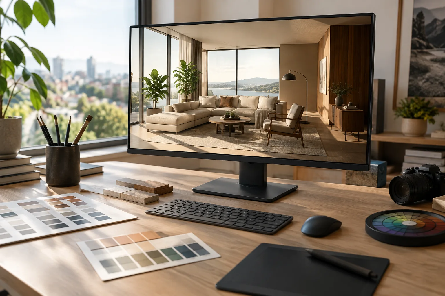 Pantalla de render preparada con ajustes de presentación coherentes en un estudio de visualización arquitectónica