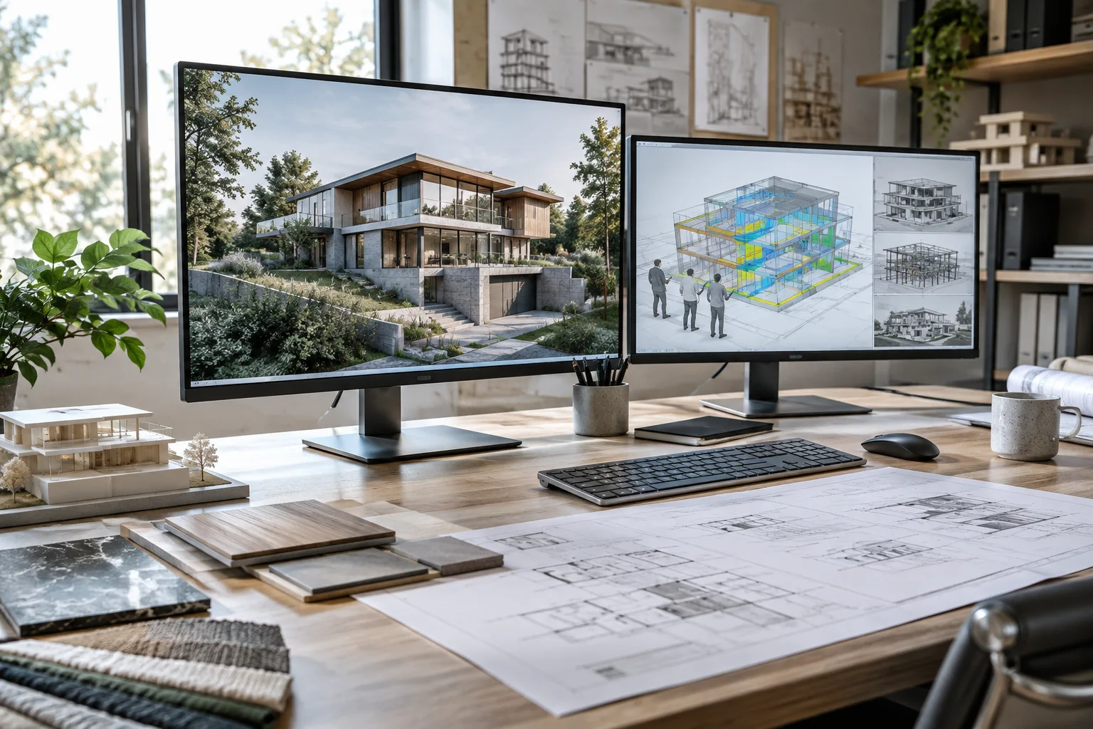 Mimarlık ofisinde BIM modeli ve gerçek zamanlı görselleştirme çalışma alanı