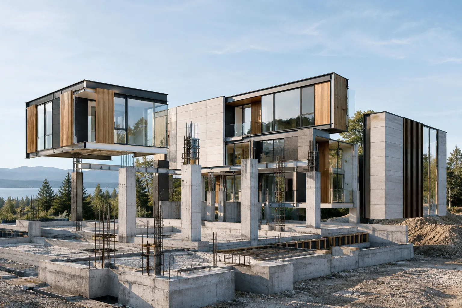 Architekturvisualisierung der Bauphasen eines modernen Gebäudes, dargestellt in einzelnen Ebenen