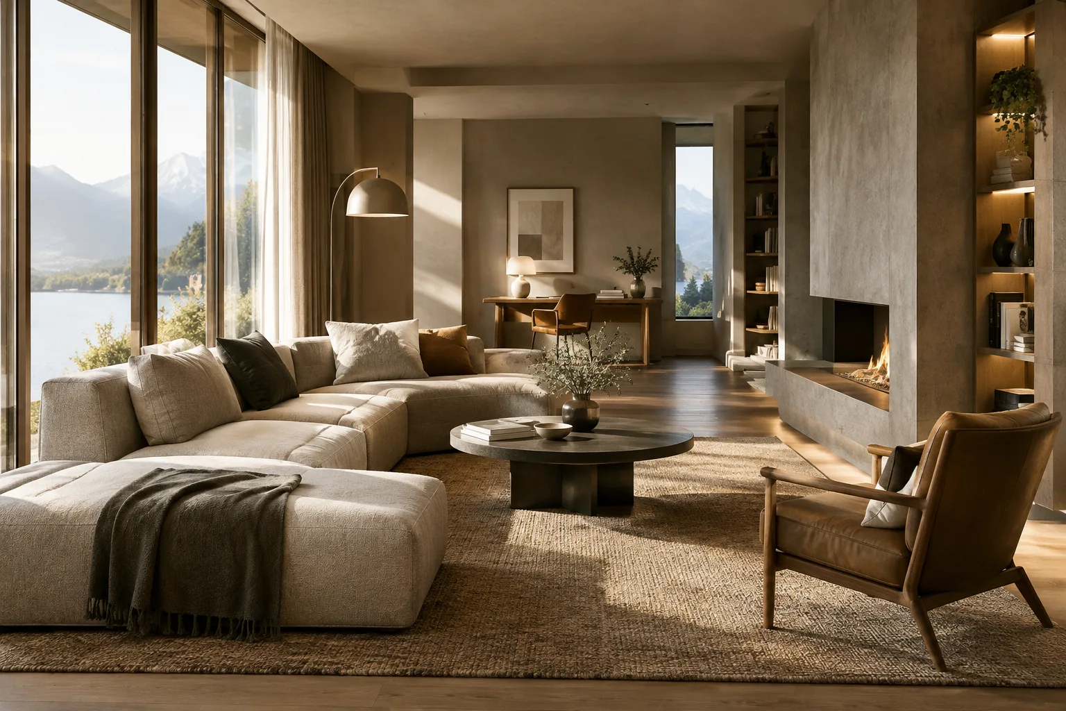 Modern interior visualization with detailed materials, lit by natural light