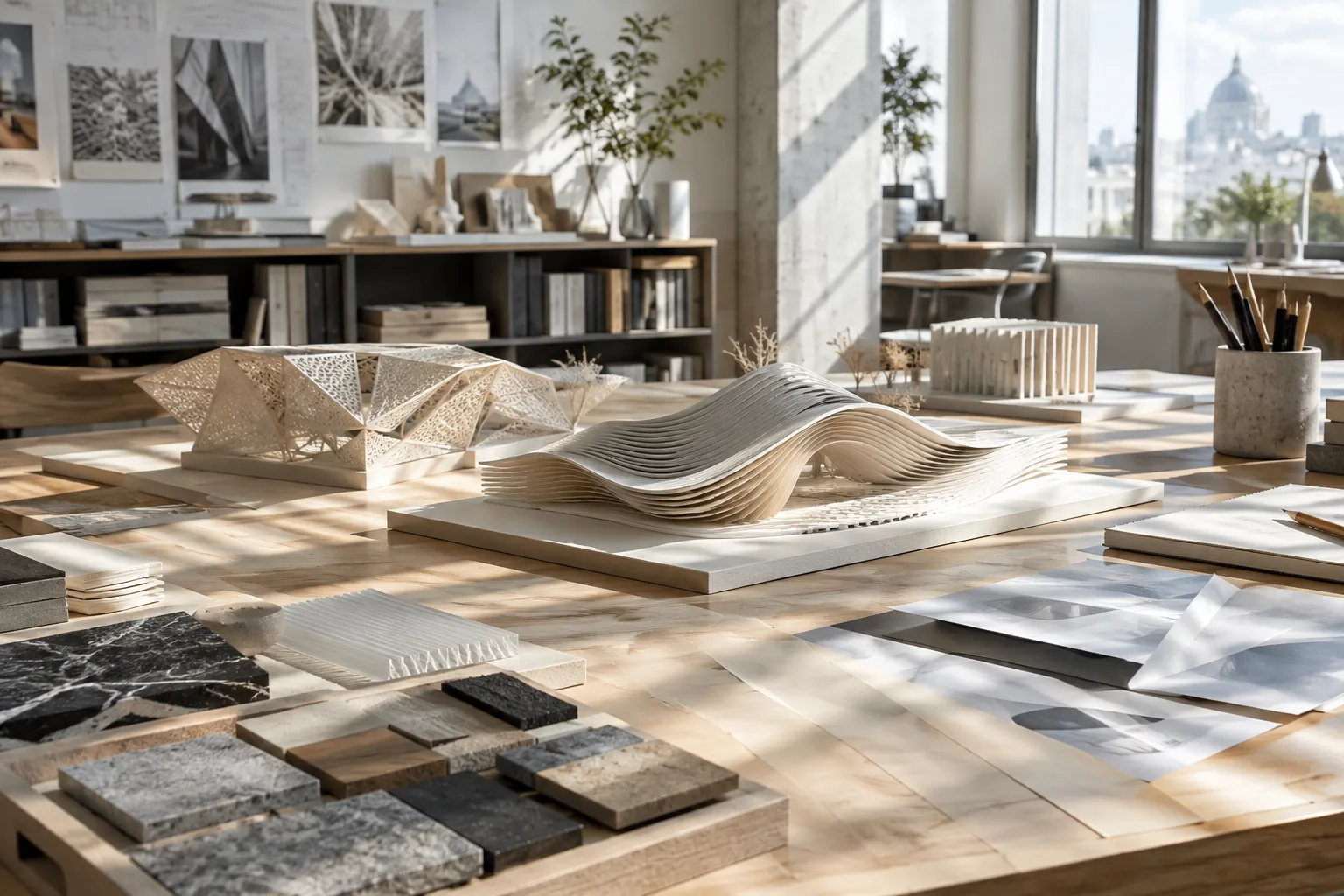 Memarlıq maketləri və material nümunələri ilə dolu işıqlı dizayn studiyası