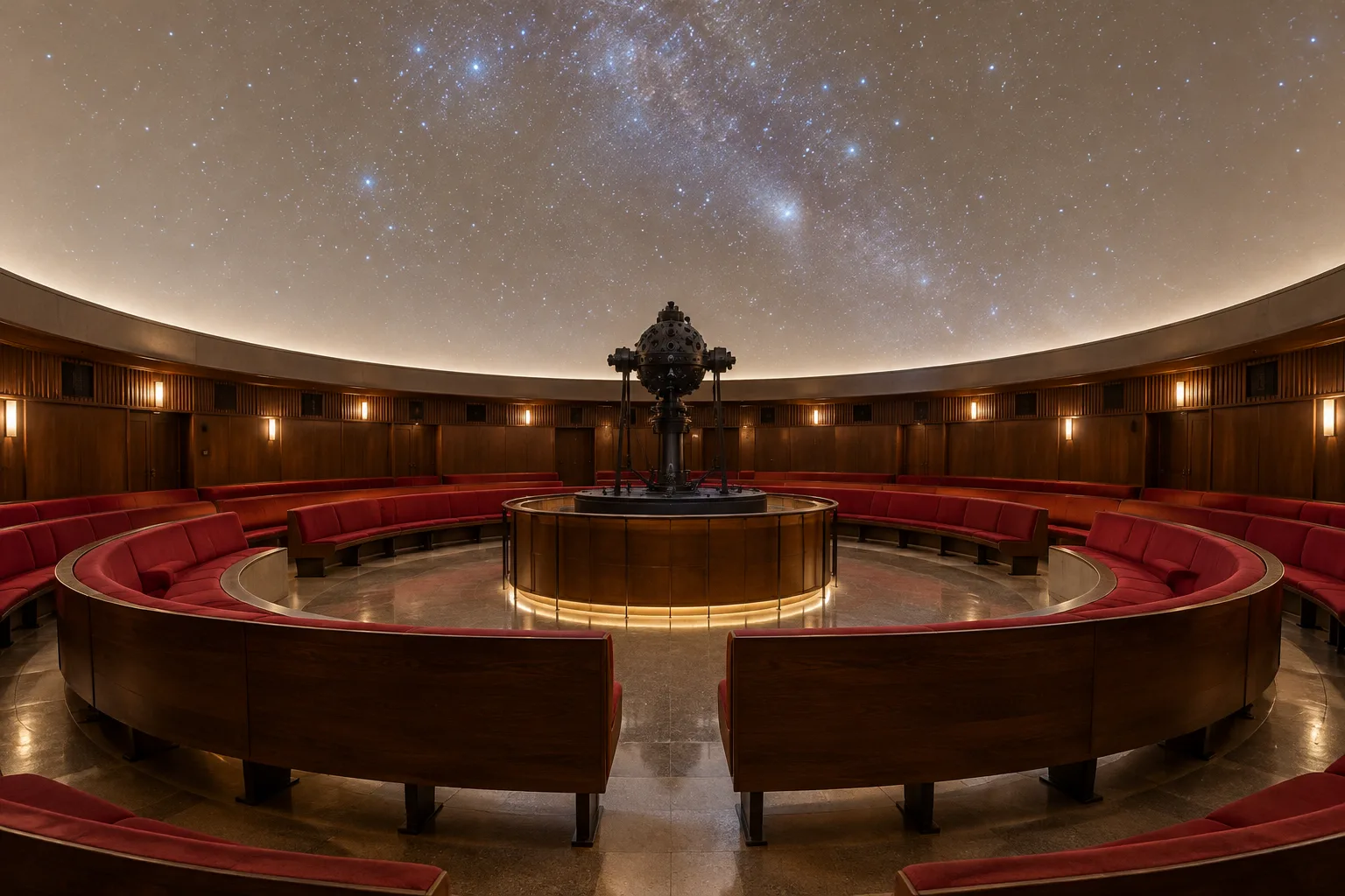 Circular rows of red seating beneath a star-lit dome
