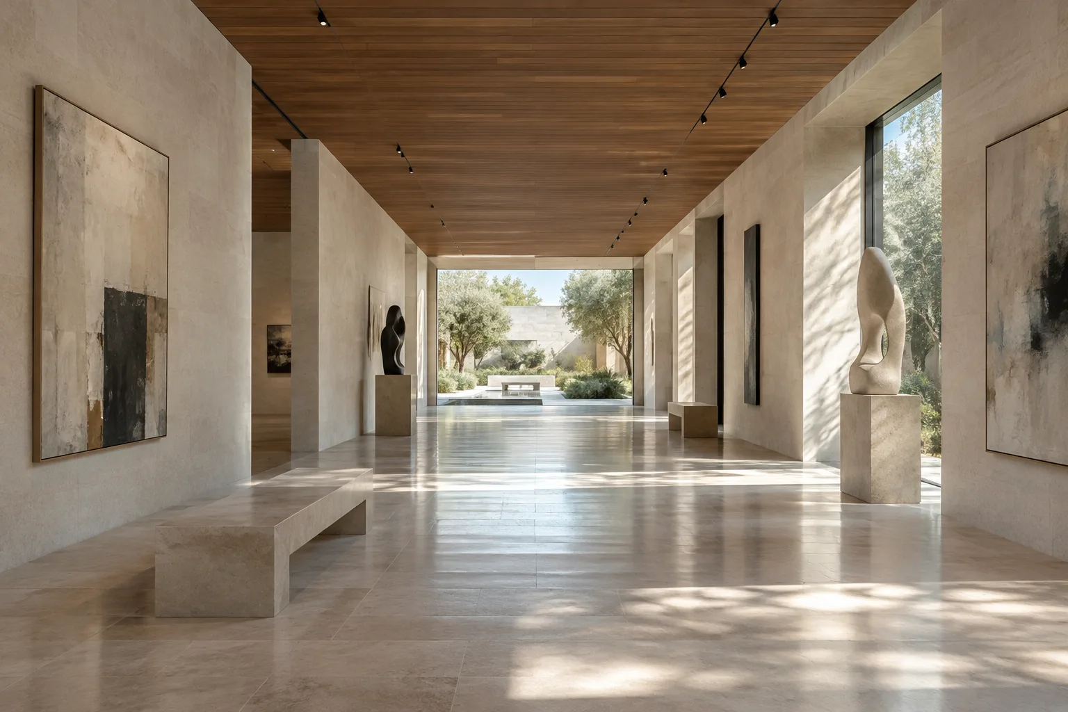 Vue architecturale en perspective d’un espace intérieur de galerie contemporaine éclairé par la lumière naturelle