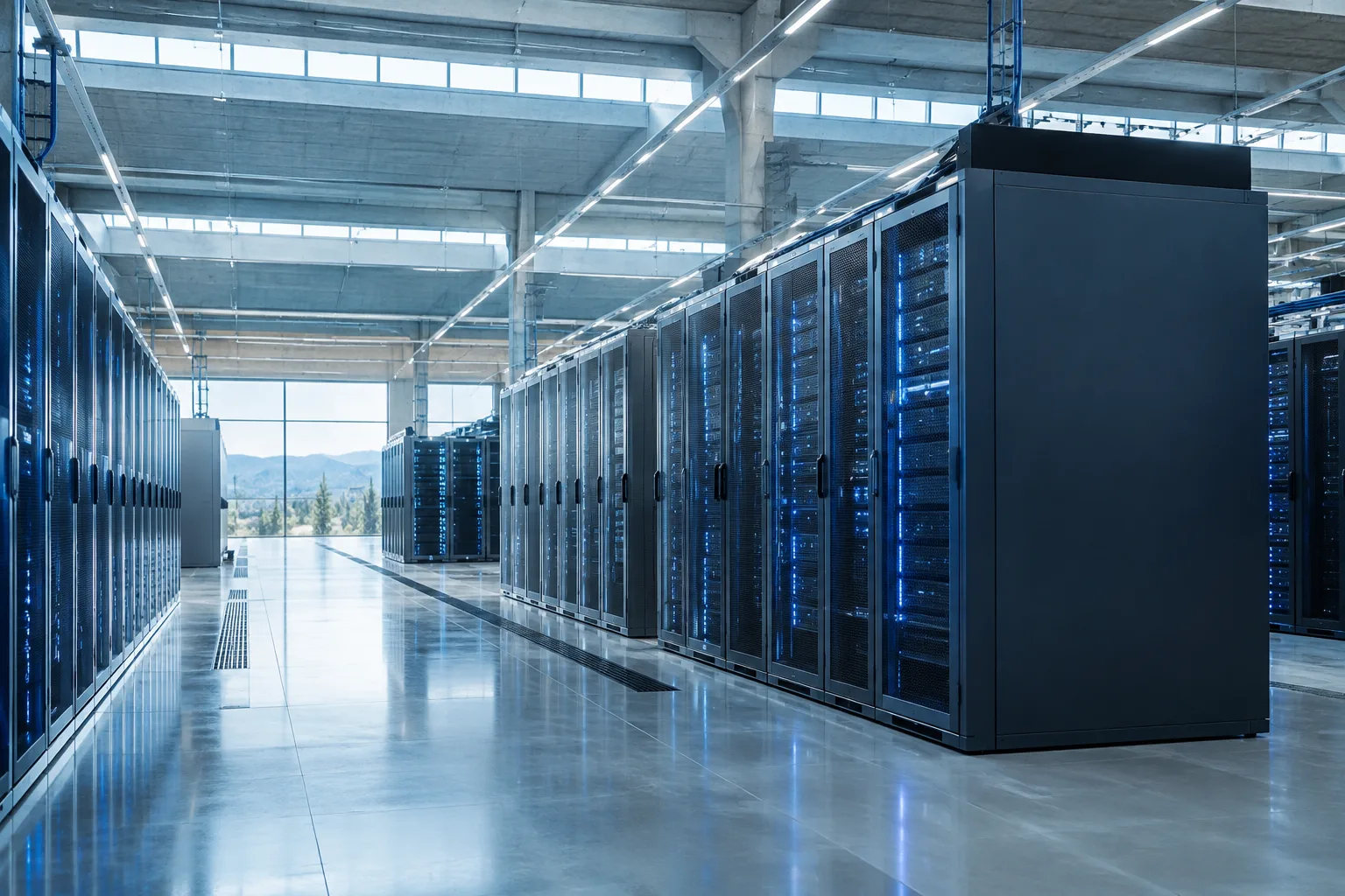 Server racks in a European data center with blue-lit server room view