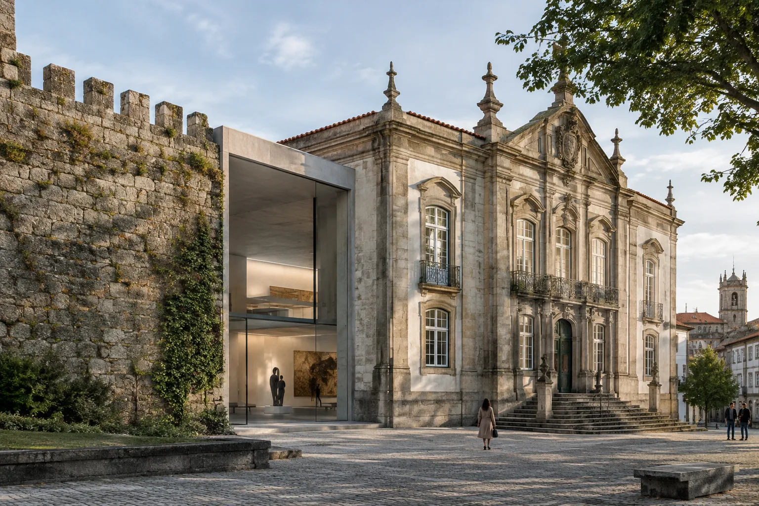 Contemporary interior with a preserved façade and historic wall in Braga’s former courthouse