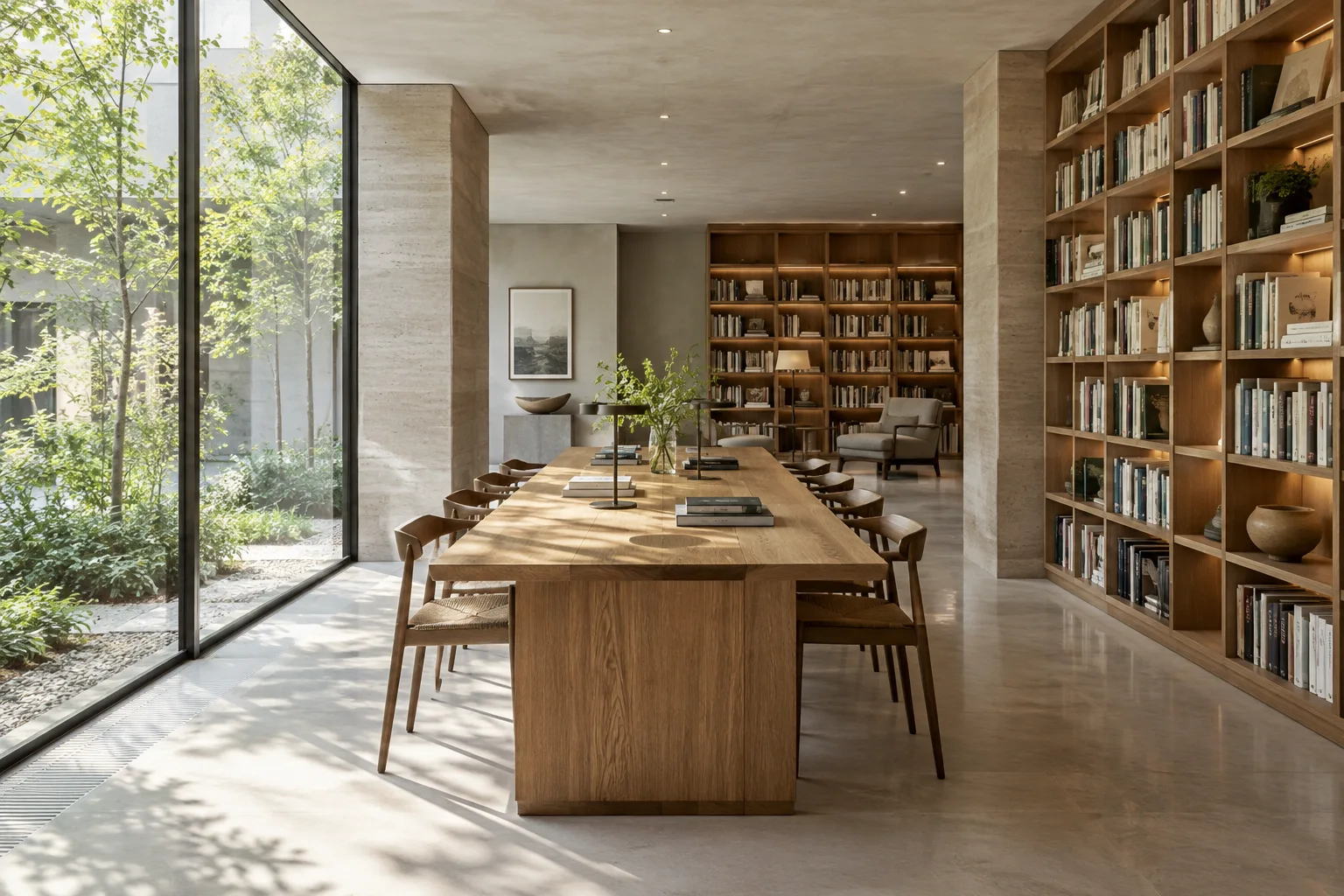 Zeitgemäßer Bibliotheksinnenraum mit Holztisch in sanftem Tageslicht