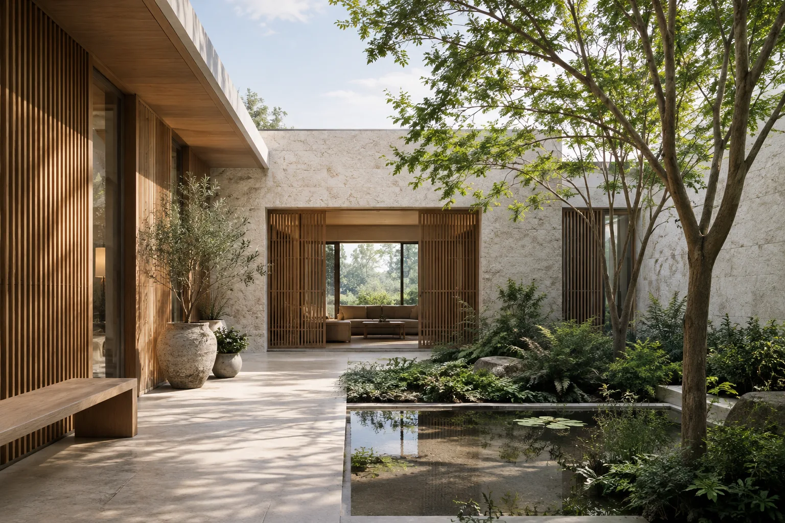 Visualización arquitectónica de un patio contemporáneo con superficies de piedra y madera, iluminado por la luz del día