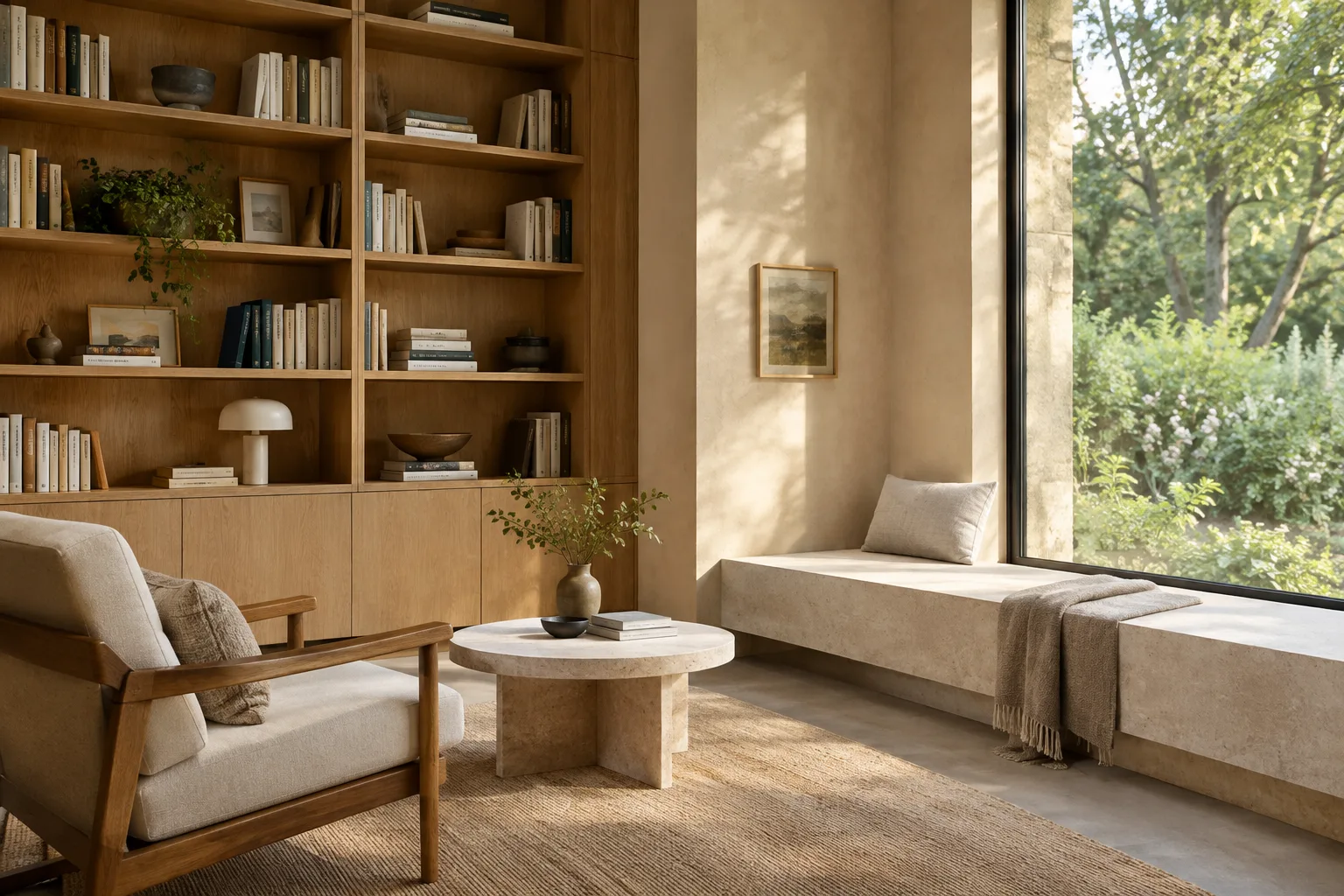 Visualización arquitectónica de una sala de lectura contemporánea con estantería de roble y banco de piedra