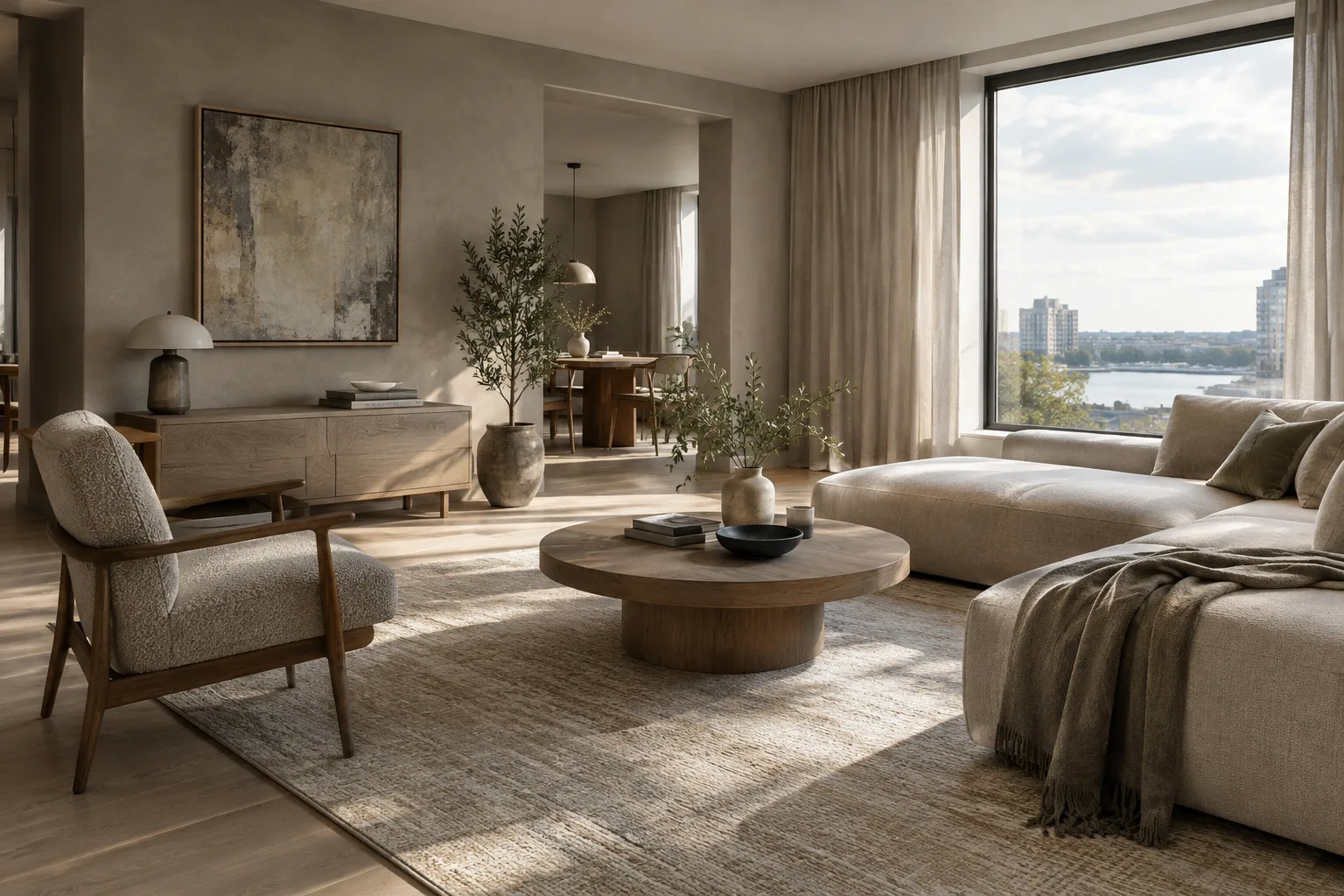 Visualización arquitectónica del interior de un apartamento contemporáneo con luz natural suave