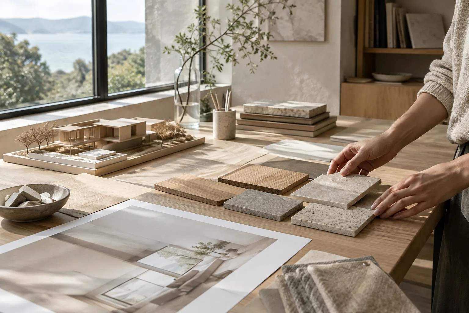 Échantillons de pierre, de bois et de plâtre à côté d’un visuel de concept architectural