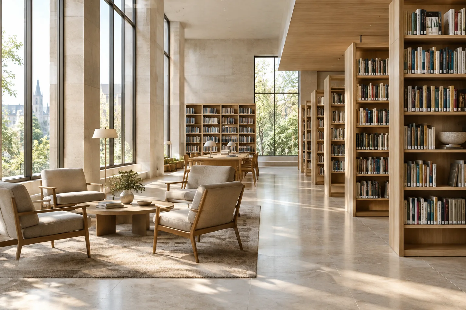 Visualización arquitectónica de una biblioteca contemporánea iluminada por la luz del día