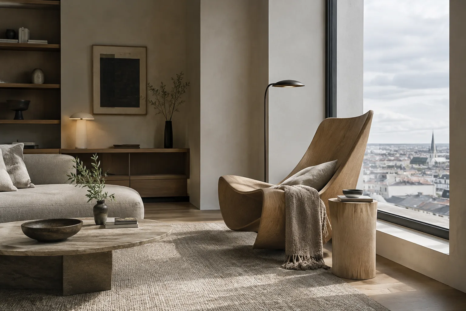 Interior contemporáneo de un apartamento con un rincón de lectura de madera junto a una ventana alta