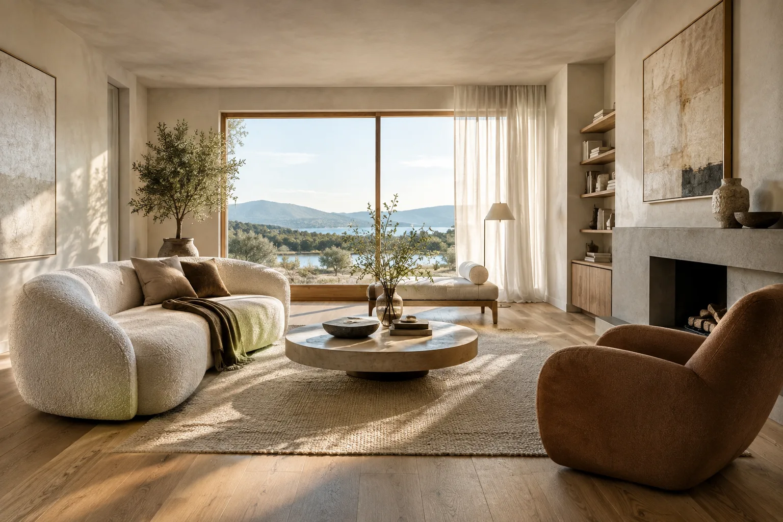 Visualisation d’un salon contemporain conçu avec des matériaux naturels et baigné par la lumière du matin