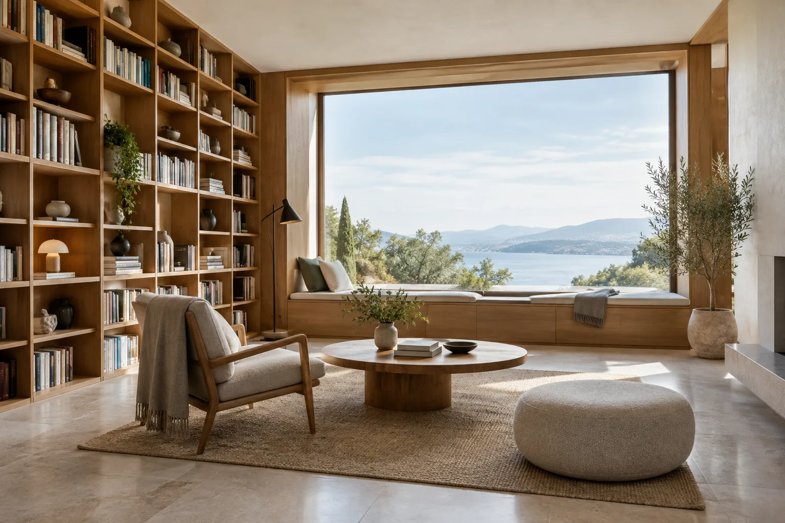 Visualización arquitectónica de una sala de lectura contemporánea con estanterías de madera y luz natural