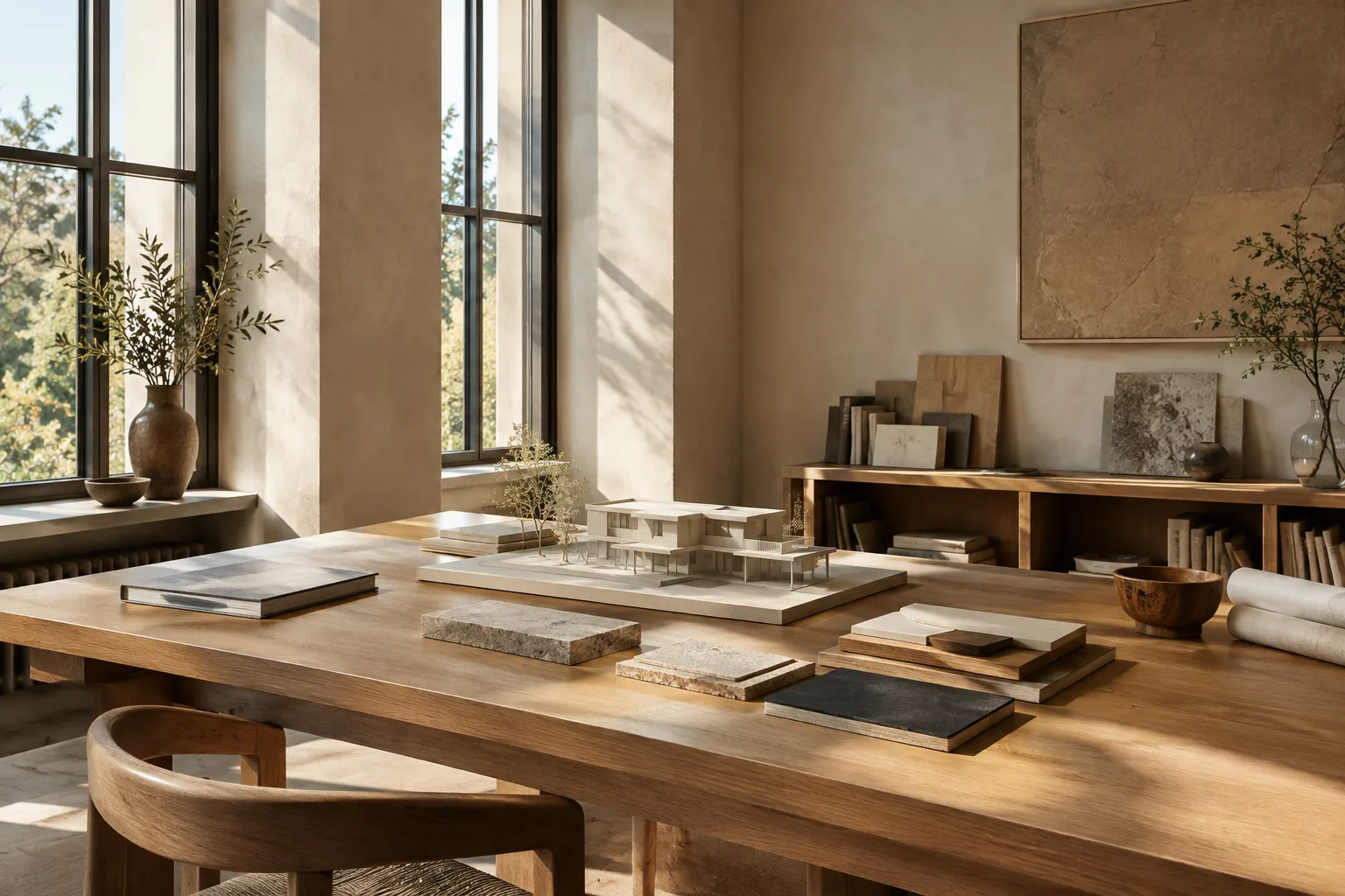 Maqueta arquitectónica y muestras de materiales en un interior moderno iluminado por la luz natural