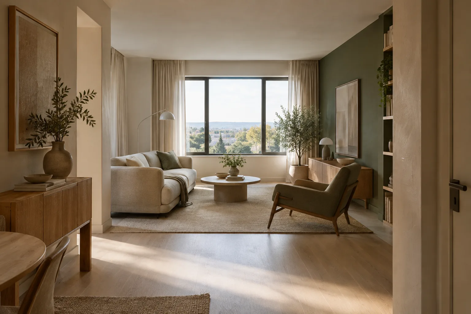 Aydınlık çağdaş bir daire salonunda ahşap ve doğal yüzeyler