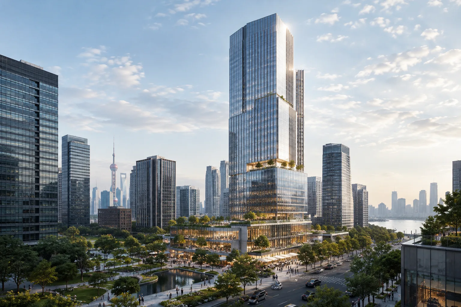 A contemporary tower combining offices, a hotel and retail in Shanghai’s business district