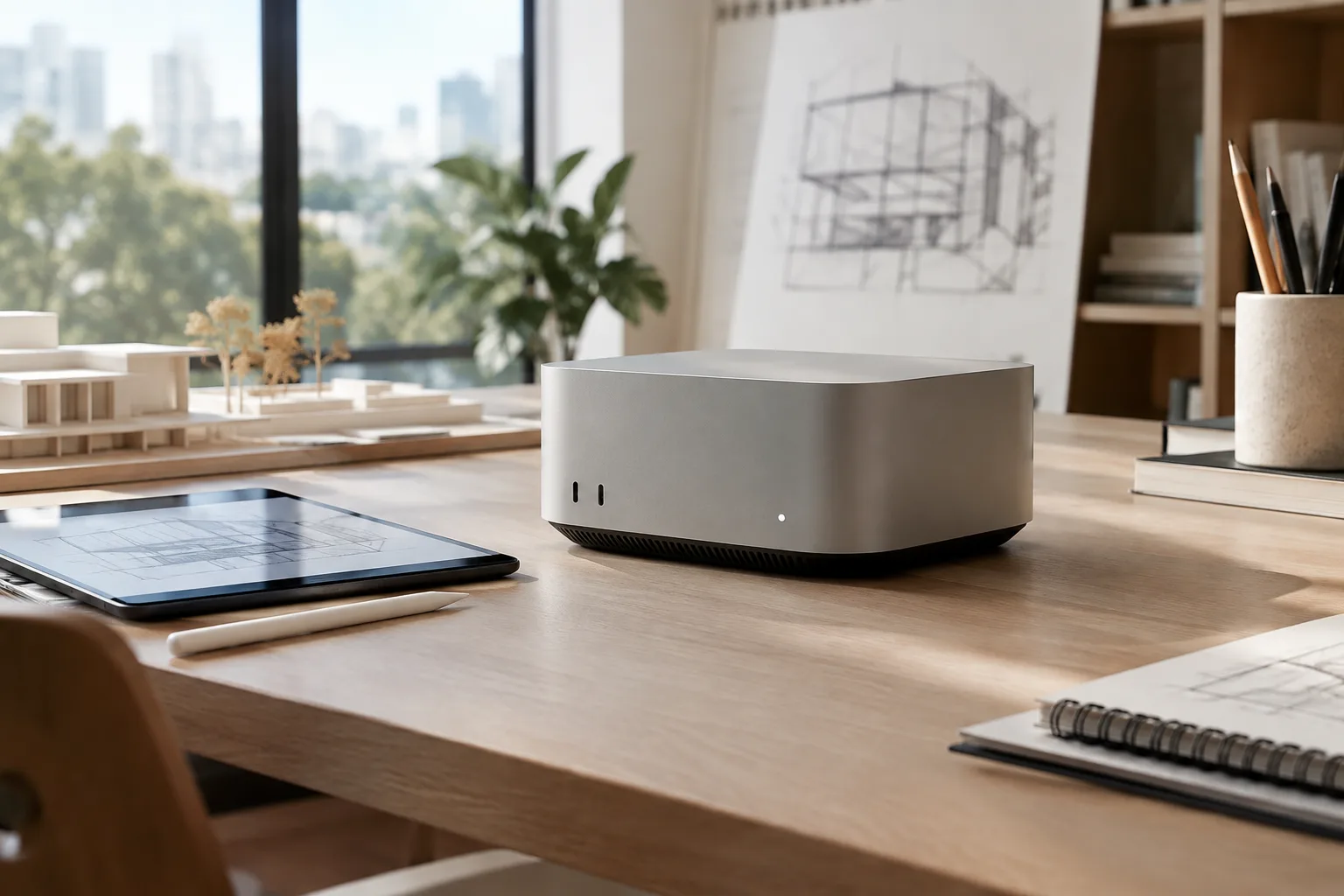 Ein kleiner KI-Computer und architektonische Modelle auf einem minimalistischen Schreibtisch