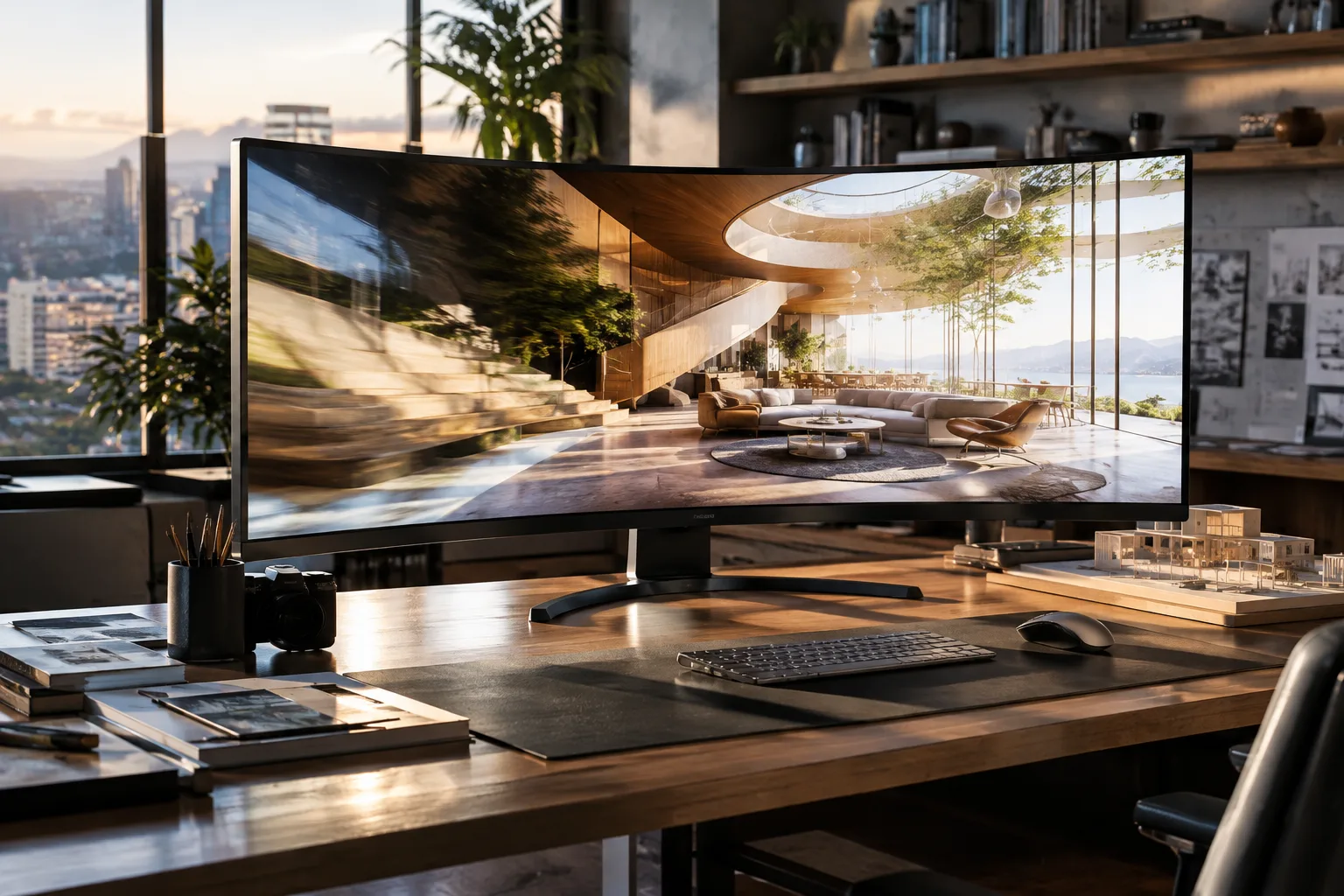 A professional workstation displaying a real-time architectural visualization scene