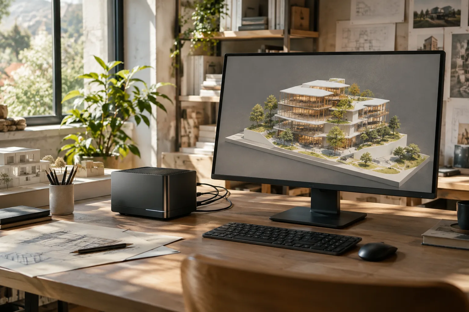 Mimarlık stüdyosunda bina modeli ve yerel hesaplama için kompakt iş istasyonu