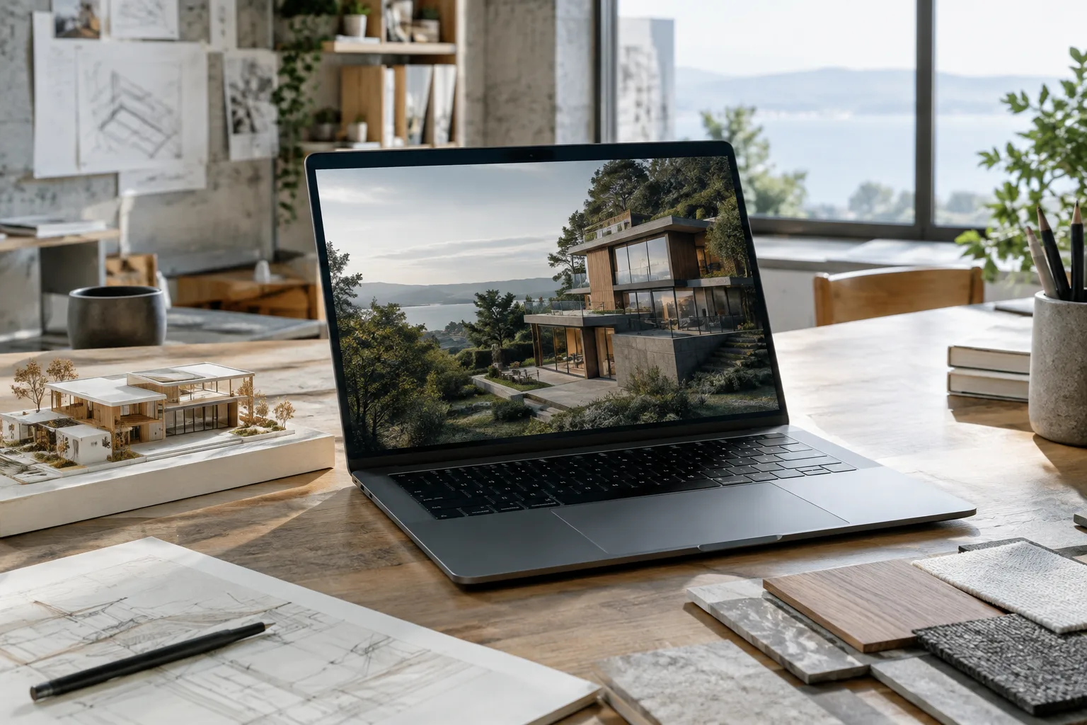 Unbranded laptop displaying an architectural visualization scene in an architecture studio
