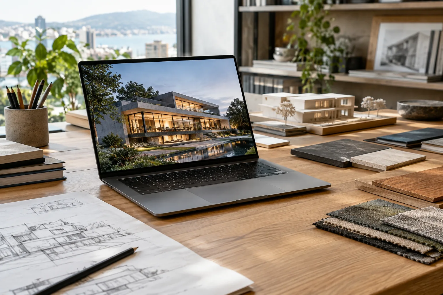 Laptop mit geöffneter Visualisierung eines Architekturprojekts und Materialmustern auf dem Tisch