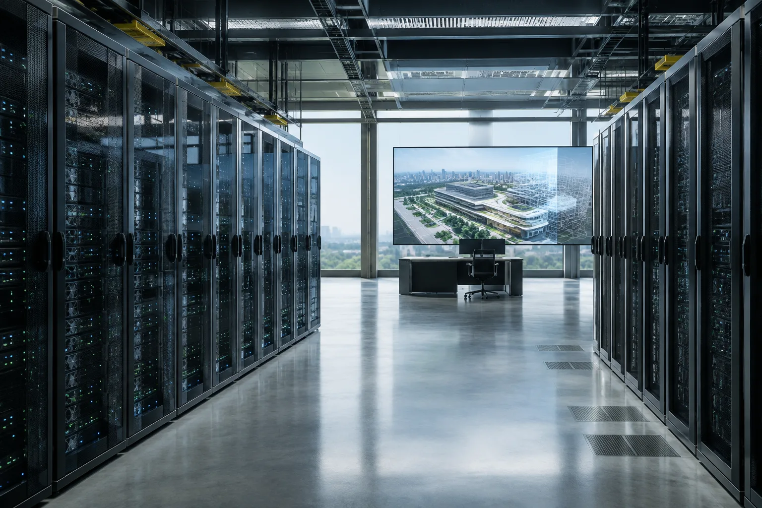 GPU sunucularıyla AI altyapısını çağrıştıran modern bir veri merkezi