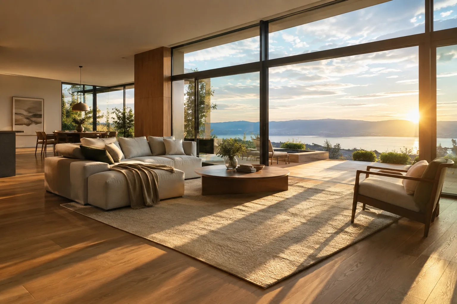 Realistic sunlight render image filtering through windows into an interior space