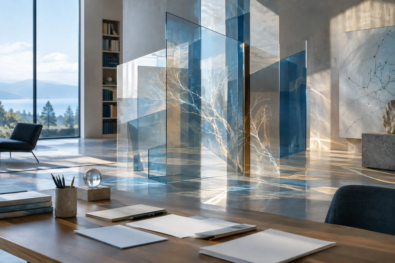 A workspace filled with abstract glass forms, evoking scientific research and independent review