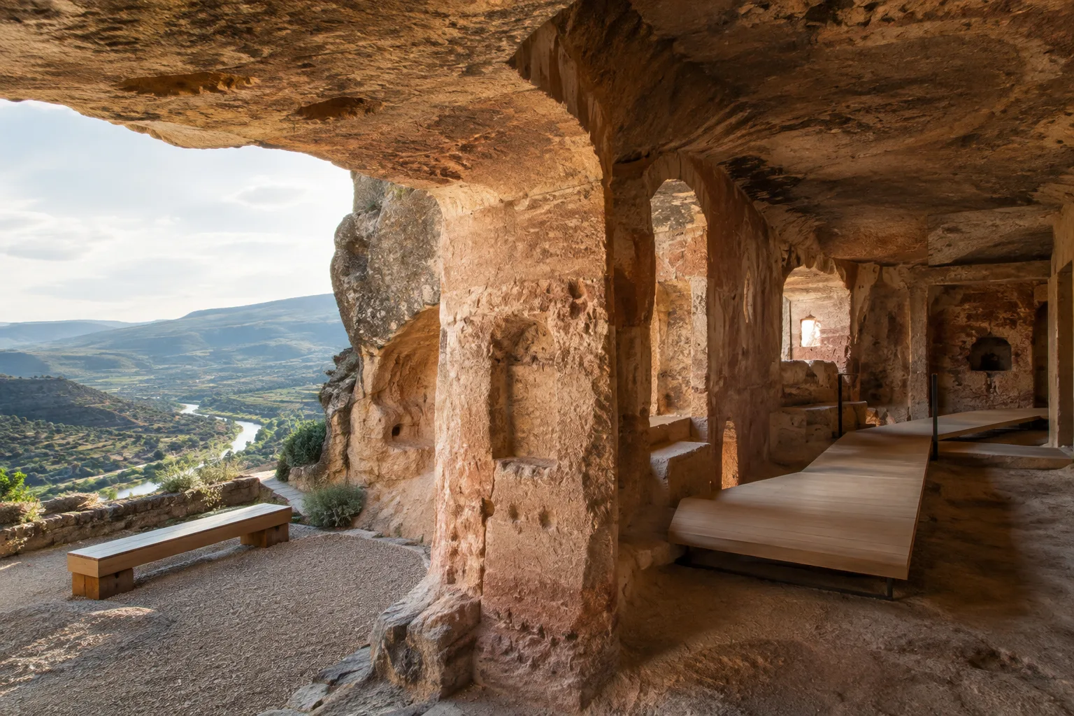 Surfaces de pierre et plancher flottant en bois dans un espace historique creusé dans la roche, à La Rioja