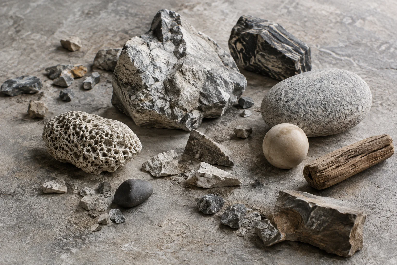 A physics-based pile of rocks and small pieces on a textured surface