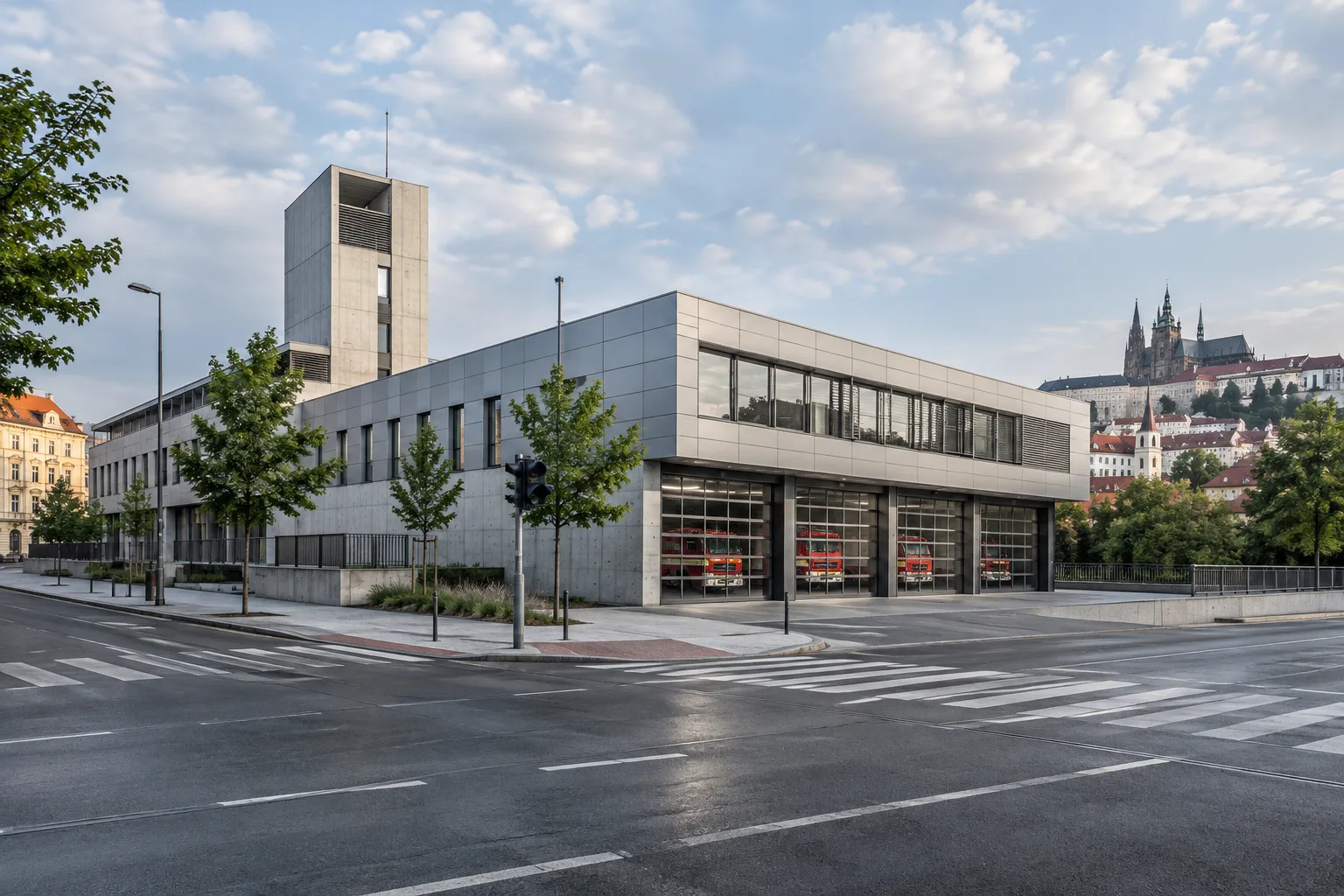 Complexe contemporain de pompiers à Prague, avec des façades en béton et en panneaux composites en aluminium