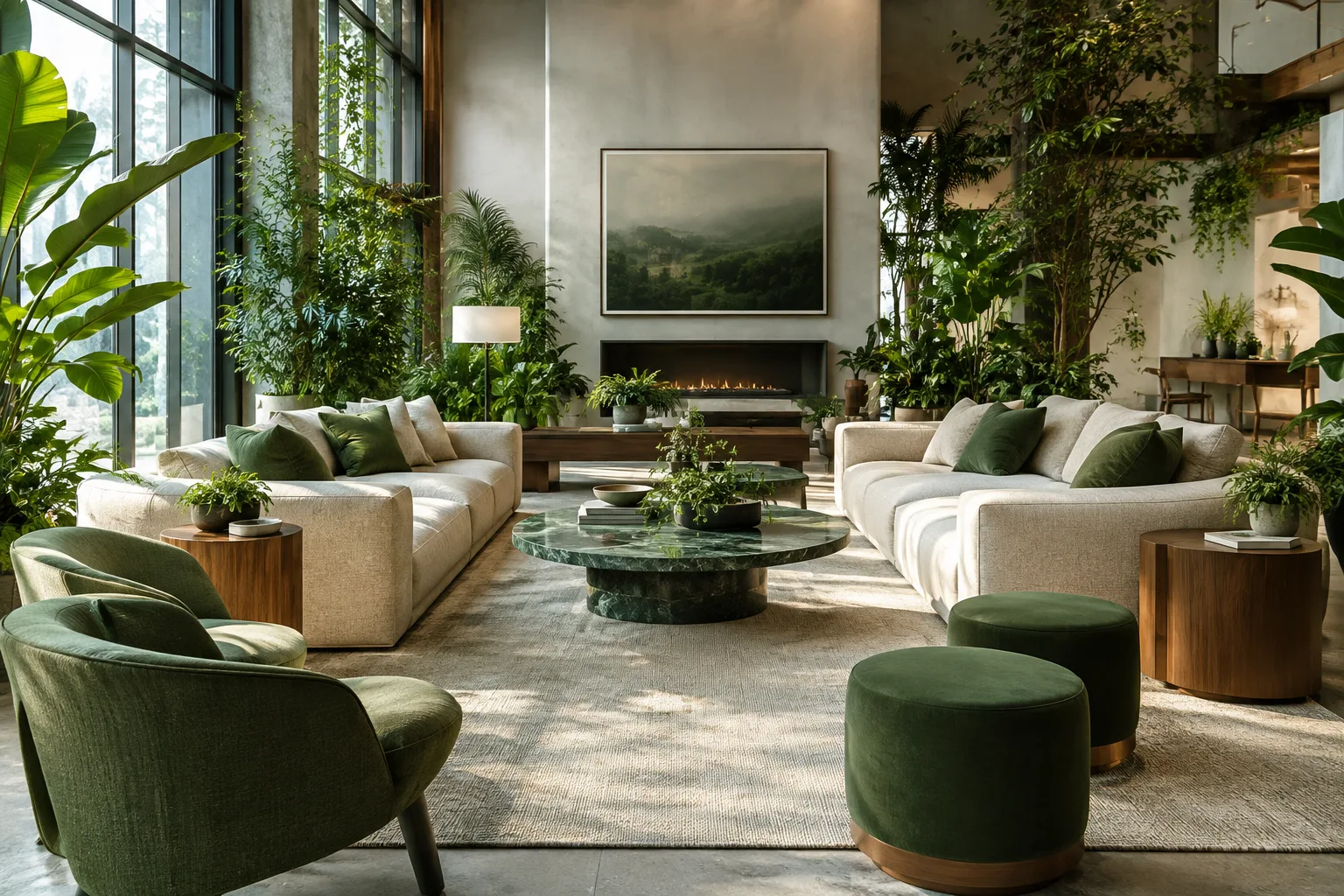 Yoğun bitki ve mobilya içeren modern iç mekân render görseli