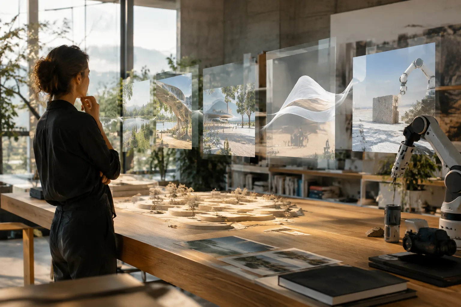 Idea de inteligencia artificial multimodal con flujo visual y hardware robótico en un estudio de arquitectura