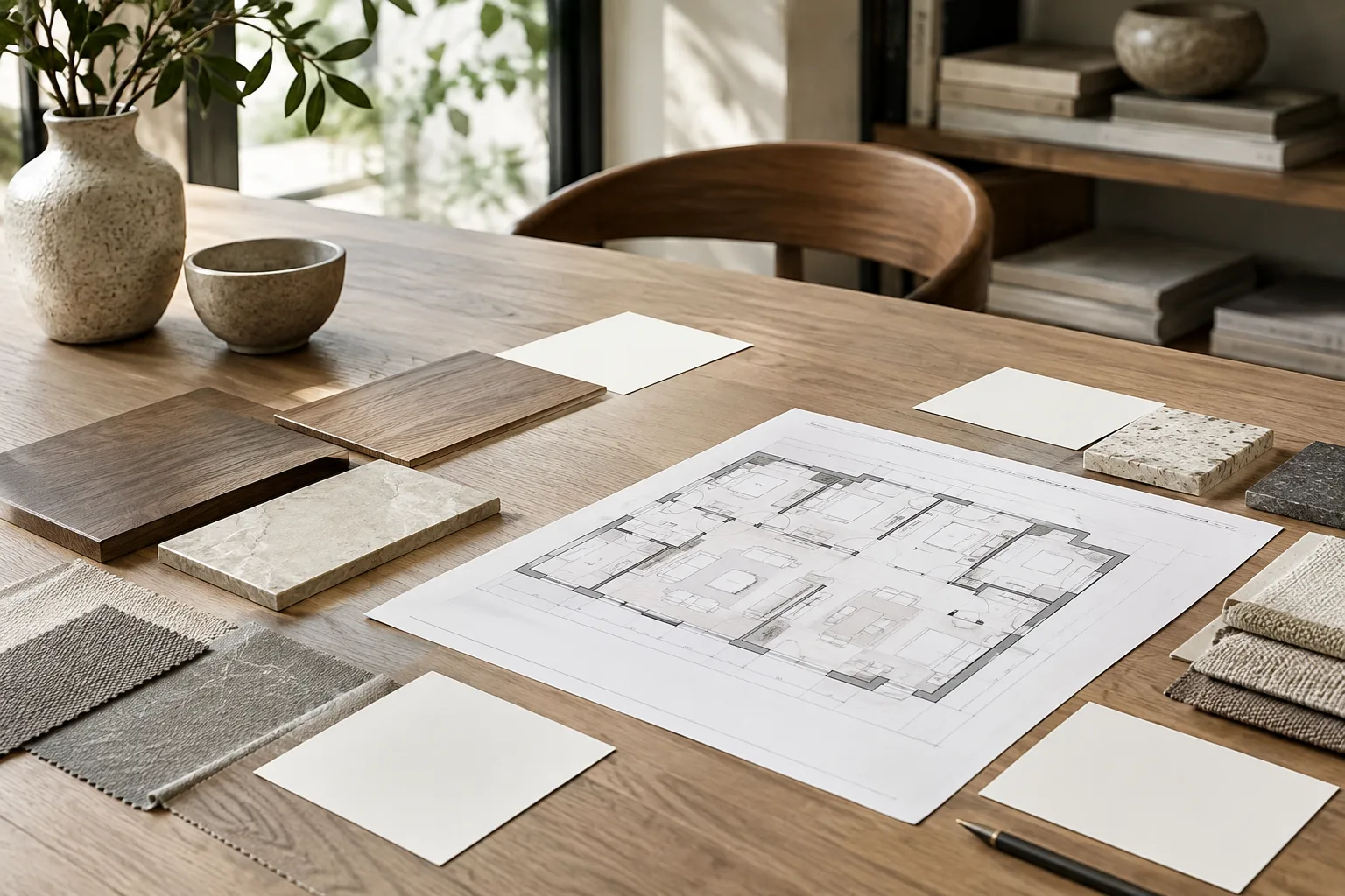 استوديو تصميم داخلي مضاء يضم عينات مواد ومخططًا معماريًا