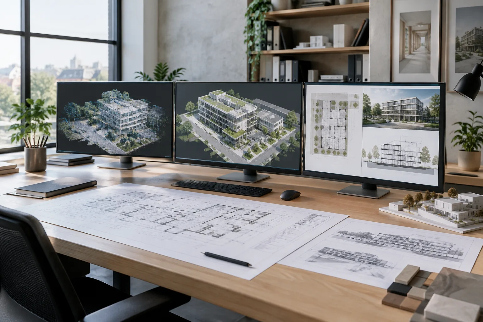 Düzenli mimarlık stüdyosunda model ekranları ve çalışma masası