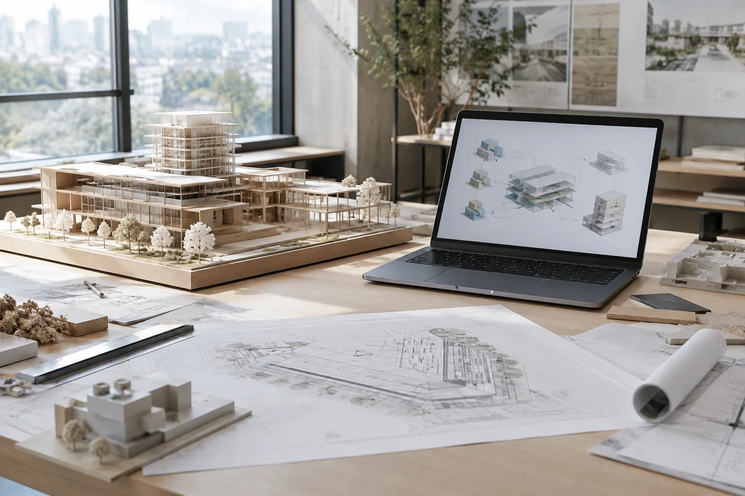 مكتب عمل يوحي بنموذج معماري ونماذج BIM مرتبطة