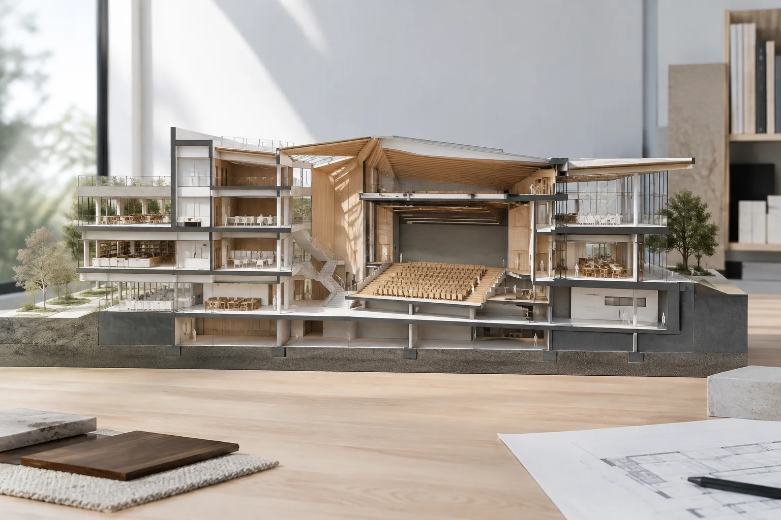 Modèle architectural contemporain présenté avec une vue en coupe et des lignes de construction régulières
