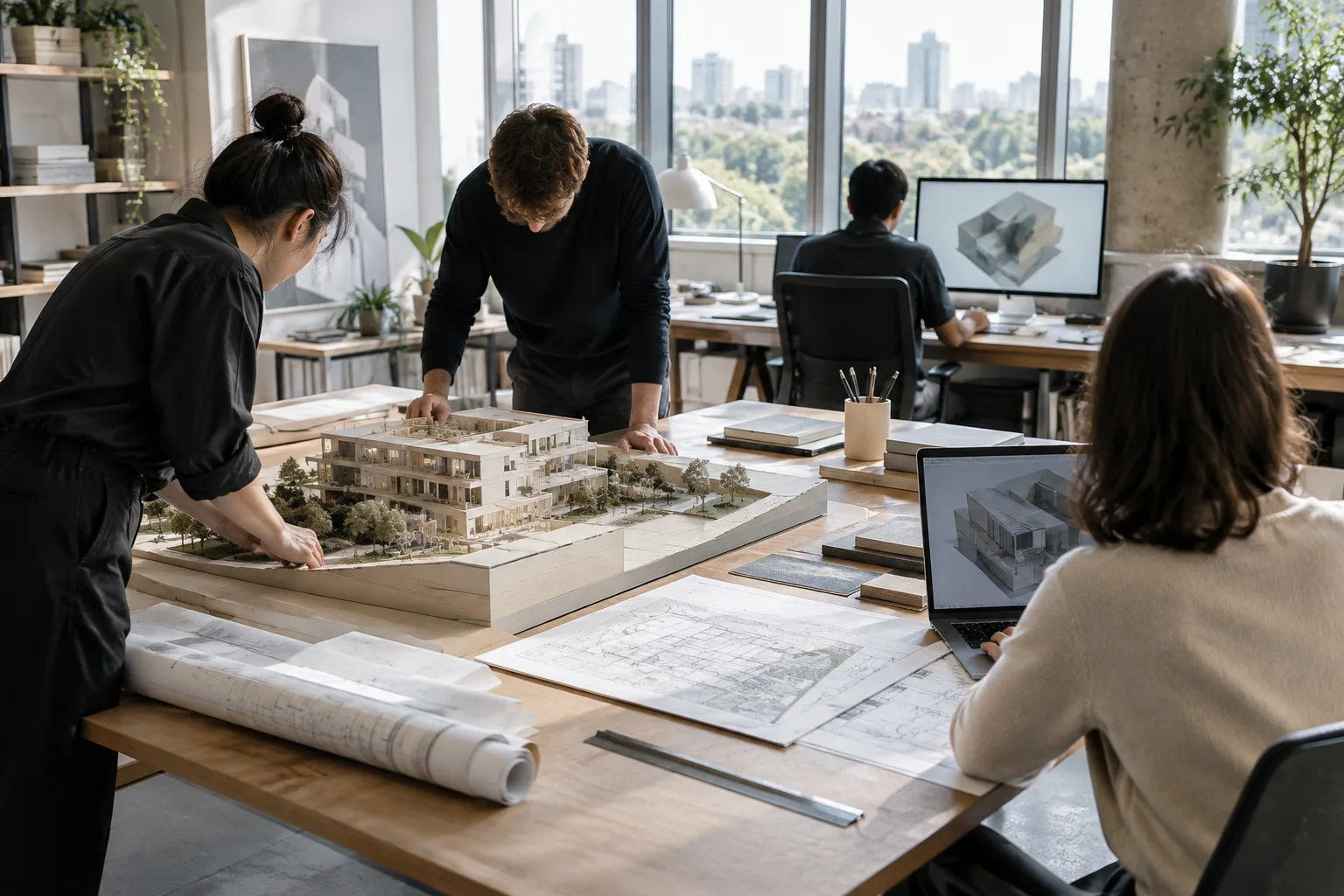 Ein Architekturteam stimmt die Zusammenarbeit an einem gemeinsamen Projektmodell ab