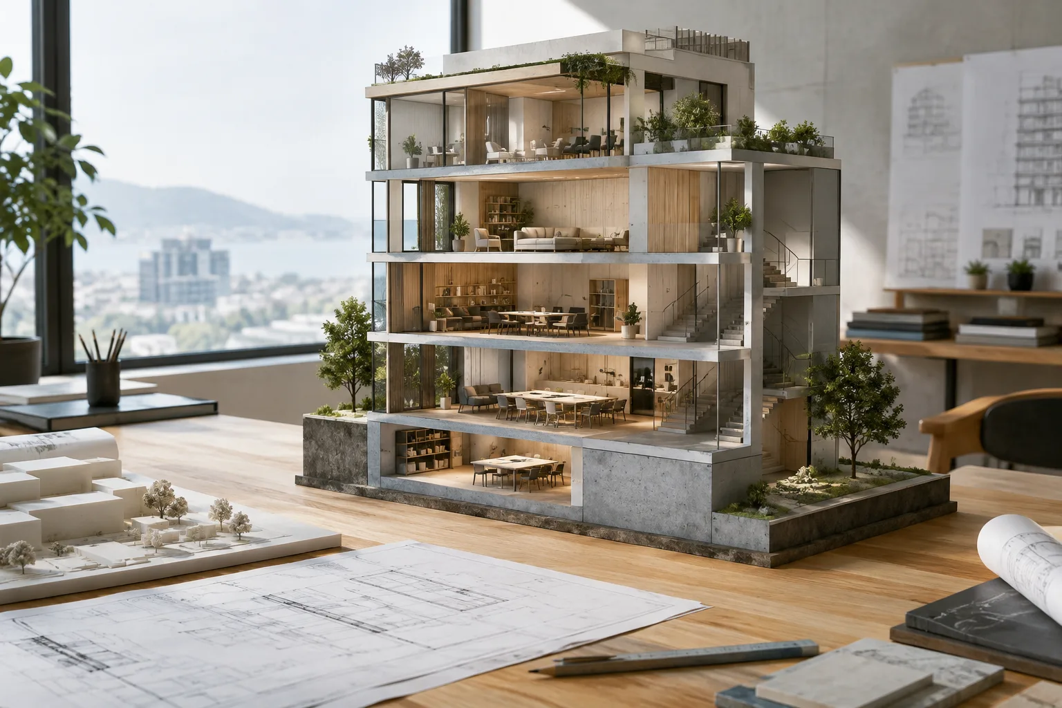 مبنى استوديو معاصر تحيط به مخططات طوابق ونموذج معماري مادي